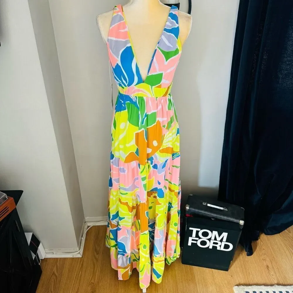 Maaji Selvatik Marea Knit Cover-Up Maxi Dress, Yellow/Blue‎ Size Small 2/4, NWT